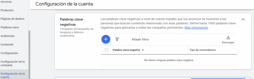 configuración de palabras clave negativas a nivel de cuenta